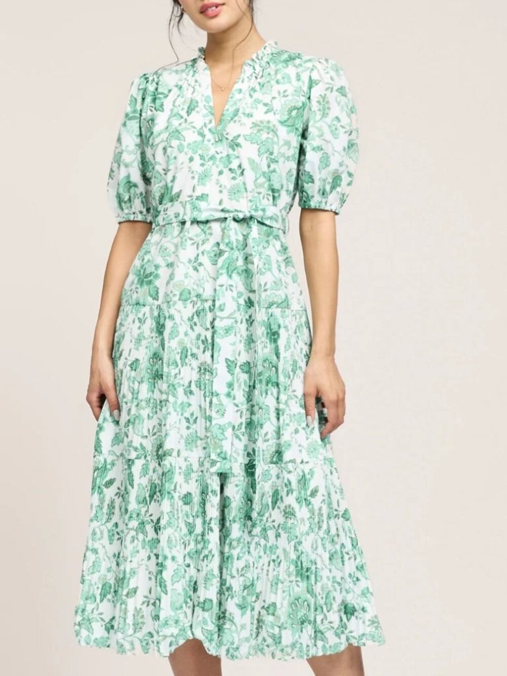 Current Air Tony Tiered Midi Dress in Green Floral Size M Puff Sleeve Pleated